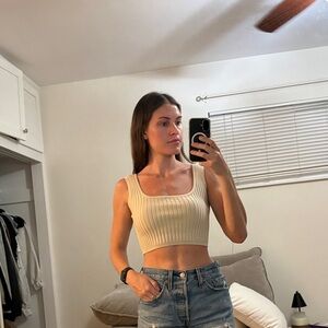 Cream Ribbed Knit Crop Top